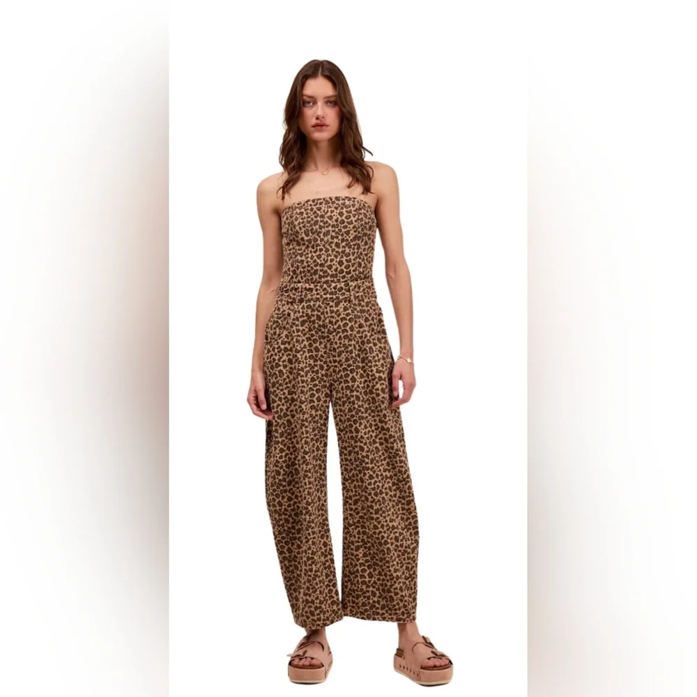 NWT — So Me Leopard-Print Strapless Wide-Leg Jumpsuit in Brown and Black - Picture 3 of 5